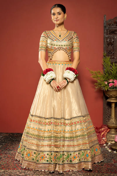 JIVIVA BY Jigvijay & Varsha Gold embroidered patch motif lehenga set JIVIJUN26D148360