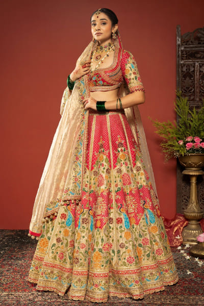 JIVIVA BY Jigvijay & Varsha Red-pink emboidered patch textured lehenga set JIVIJUN26D148361