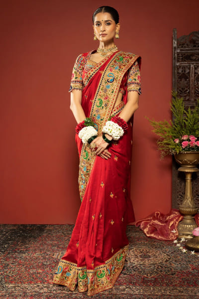 JIVIVA BY Jigvijay & Varsha Red gold kanjeevaram patch border sari set JIVIJUN26D148357