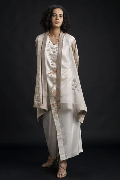 Ivory and silver beige embroidered jacket set