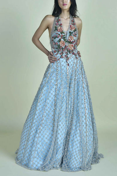 Ice blue embroidered gown