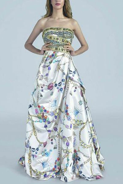Printed draped gown