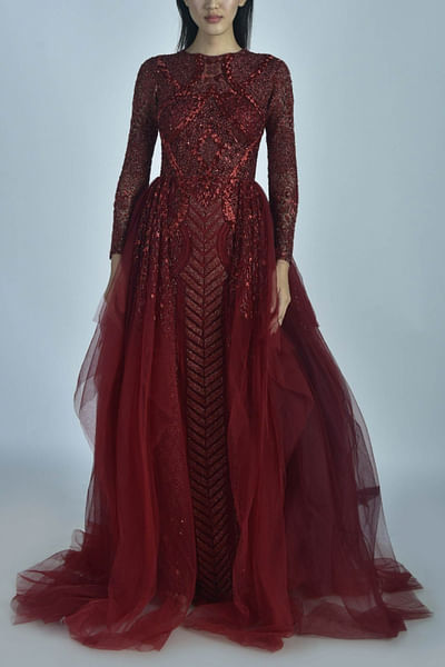 Red tulle draped gown