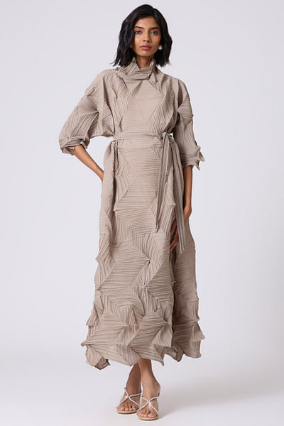 Beige 3D pleated and belted midi dress