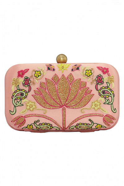 Pink hand embroidered box clutch