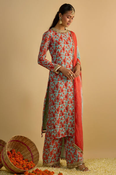 Blue floral printed kurta set