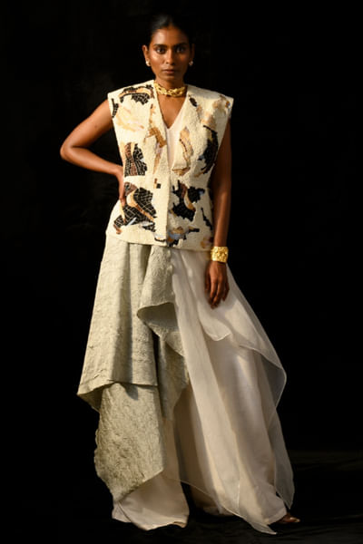 Mosaic beige embroidered jacket jumpsuit