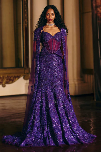 Purple floral embroidered skirt set