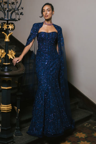 Navy blue embroidered mermaid lehenga set