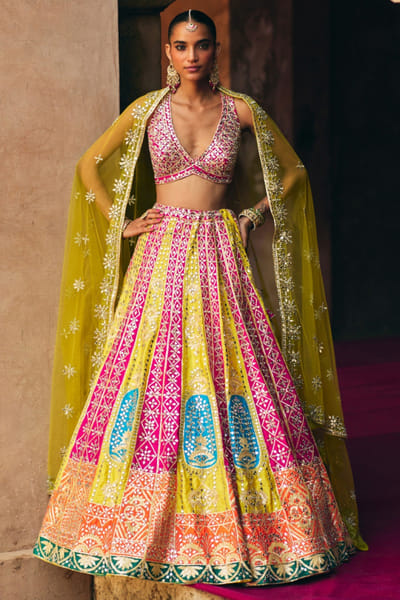 Multicolour mirror-zari embroidery lehenga set