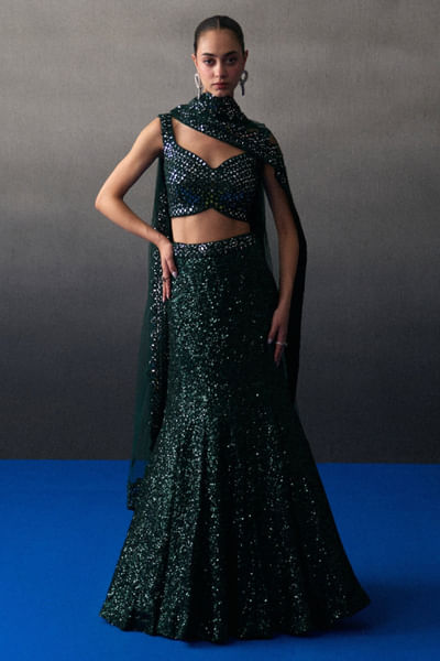 Green mirror sequin embroidered lehenga set