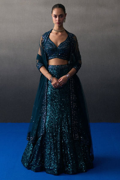 Peacock blue sequinned mermaid lehenga set