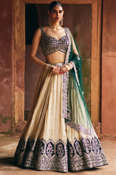 Gold and green mirror embroidered lehenga set