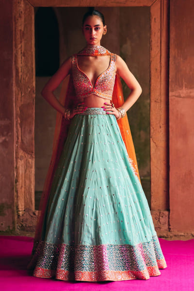 Aqua mirror embroidered lehenga set