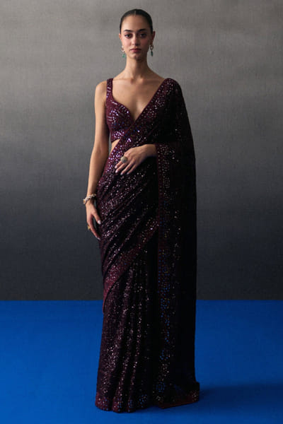 Crimson mirror and sequin embroidered sari set