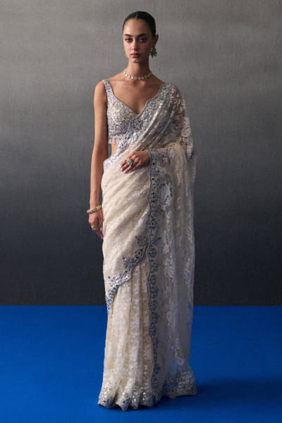 Angad Singh Ivory mirror and leather appliqued sari set ANGAUG25D134502