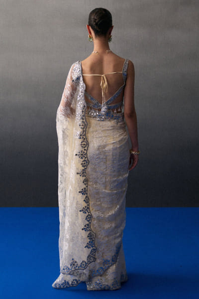 Angad Singh Ivory mirror and leather appliqued sari set ANGAUG25D134502