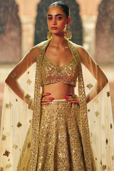 Gold mirror-zari embroidered lehenga set