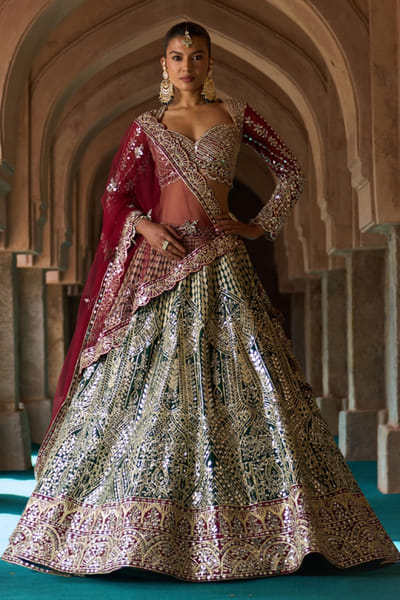 Angad Singh Green and maroon mirror embroidered lehenga set ANGAMAY26D145426