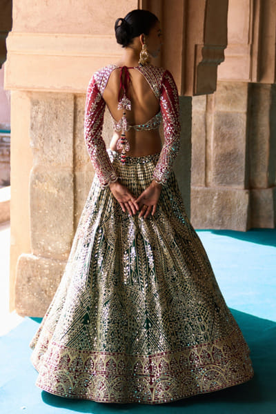 Angad Singh Green and maroon mirror embroidered lehenga set ANGAMAY26D145426