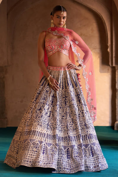 Angad Singh Indigo and orange embroidered lehenga set ANGAMAY26D145428