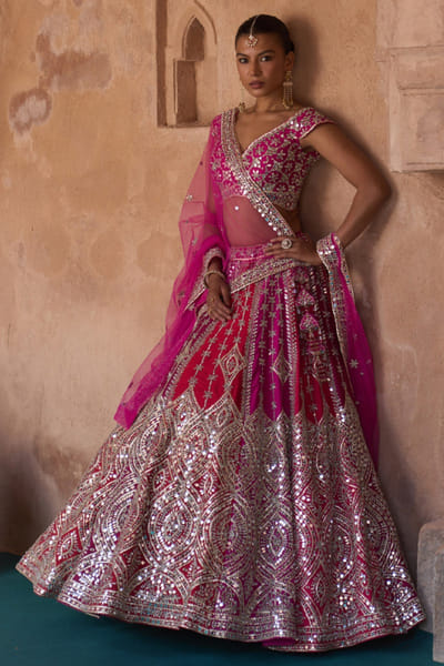 Angad Singh Pink and red mirror embroidered lehenga set ANGAMAY26D145431