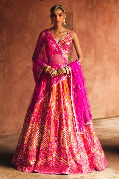 Rust mirror-thread embroidered lehenga set