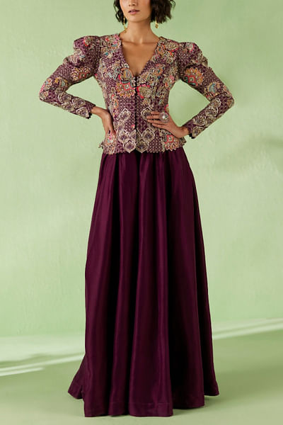 Burgundy hand embroidered jacket and pants