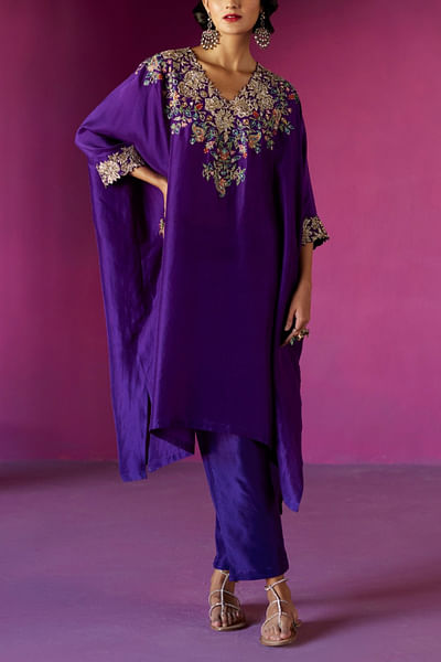 Purple hand embroidered oversized kurta set