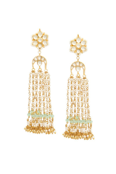 Maisara Sea green pearl kundan floral tassel earrings MAIFEB26D138676