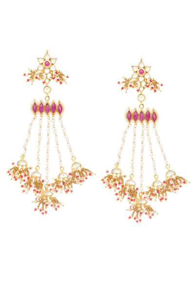 Maisara Rani pink-white kundan floral dangle earrings MAISAUG26D151362