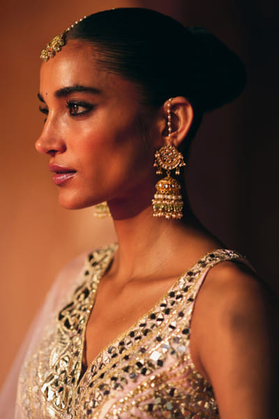 Maisara Mint green stone kundan chain jhumkas MAISAUG26D151359