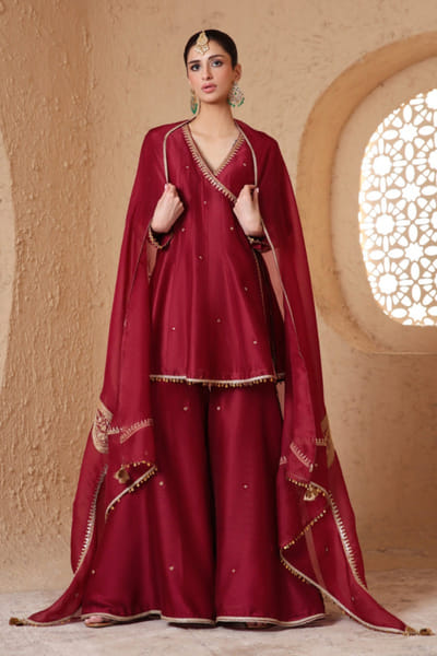 Niti Bothra Maroon dori embroidered sharara set NITIJUL26D149508