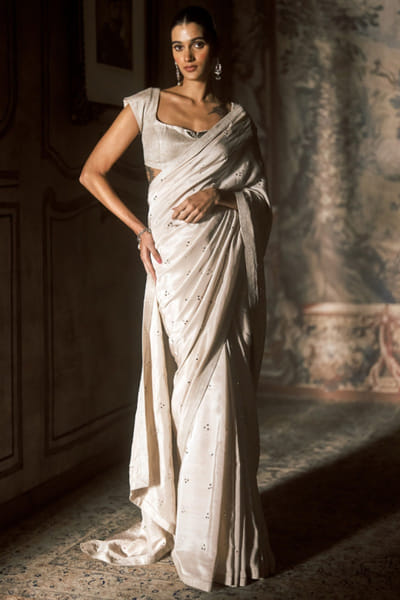Matsya Ivory mukaish embroidered silk sari set MATSMAY26D244355