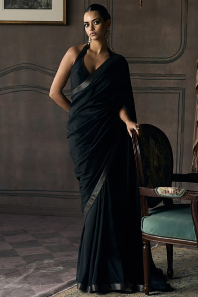 Matsya Black zari embroidered border sari set MATSMAY26D244357