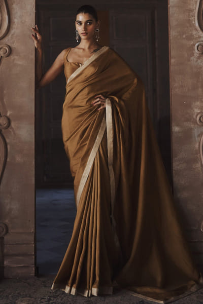 Matsya Honey amber zari embroidered border sari set MATSMAY26D244350