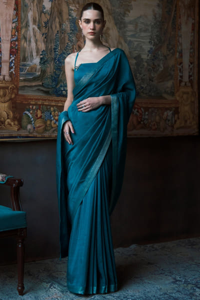 Matsya Cobalt blue zari embroidered sari set MATSMAY26D244351