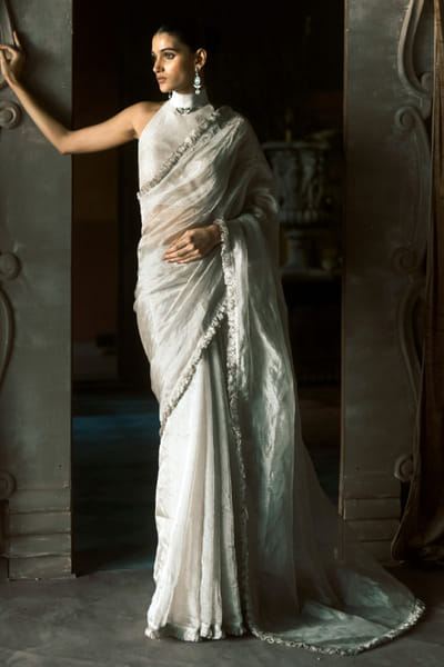 Matsya Ivory ruffled sari and halterneck blouse set MATSMAY26D244352