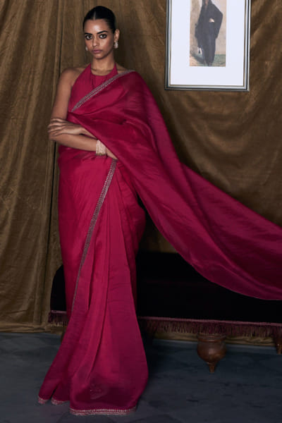 Matsya Hot pink zari and dori embroidered sari set MATSMAY26D244359
