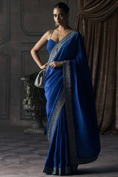 Matsya Cobalt blue zari embroidered border sari set MATSMAY26D244358