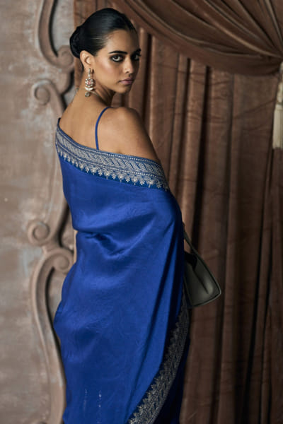 Matsya Cobalt blue zari embroidered border sari set MATSMAY26D244358