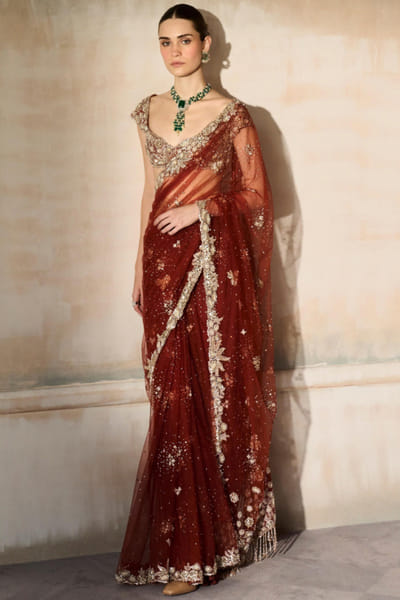 Red zardozi and crystal embroidered sari set