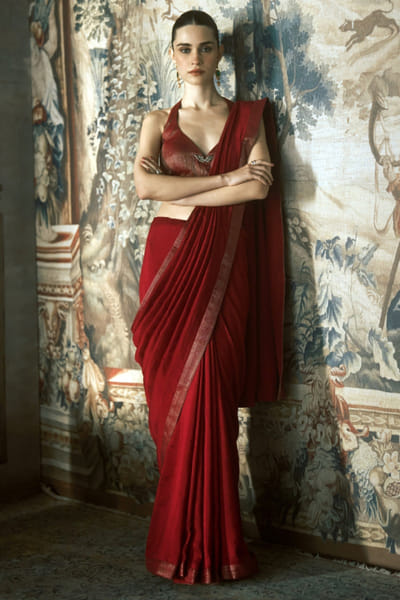 Matsya Scarlet red zari embroidered sari set MATSMAY26D244353