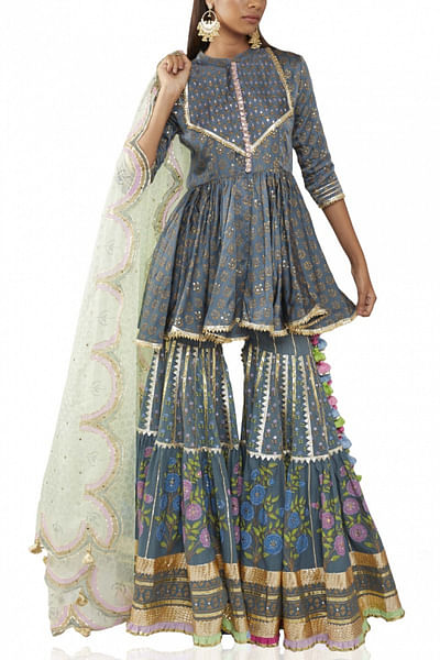 Blue block printed sharara set