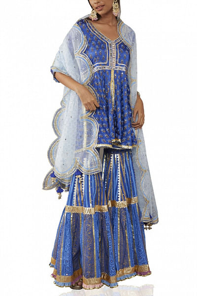 Blue block printed sharara set