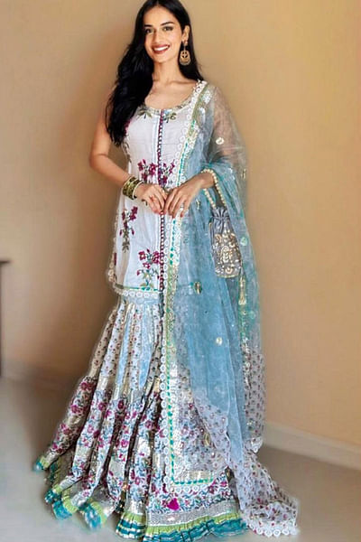 Blue printed sharara set