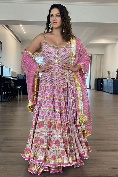 Pink block printed anarkali set