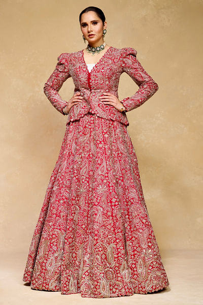 Red paisley embroidered jacket and lehenga