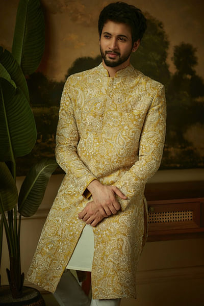 Mustard yellow resham and pearl embroidery sherwani set