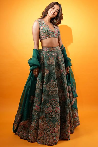 Rama green resham embroidery lehenga set